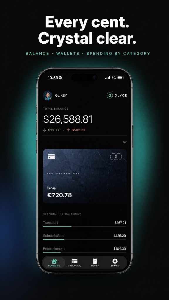 The Glyce overview: a total, one wallet, and spending by category.